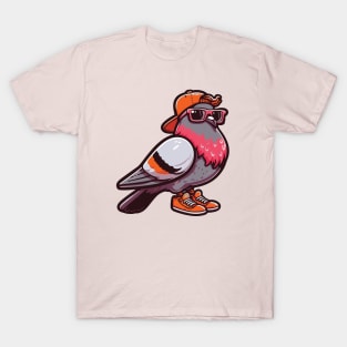 a cool Pigeon with orange cap and shoes and pink sunglasses T-Shirt